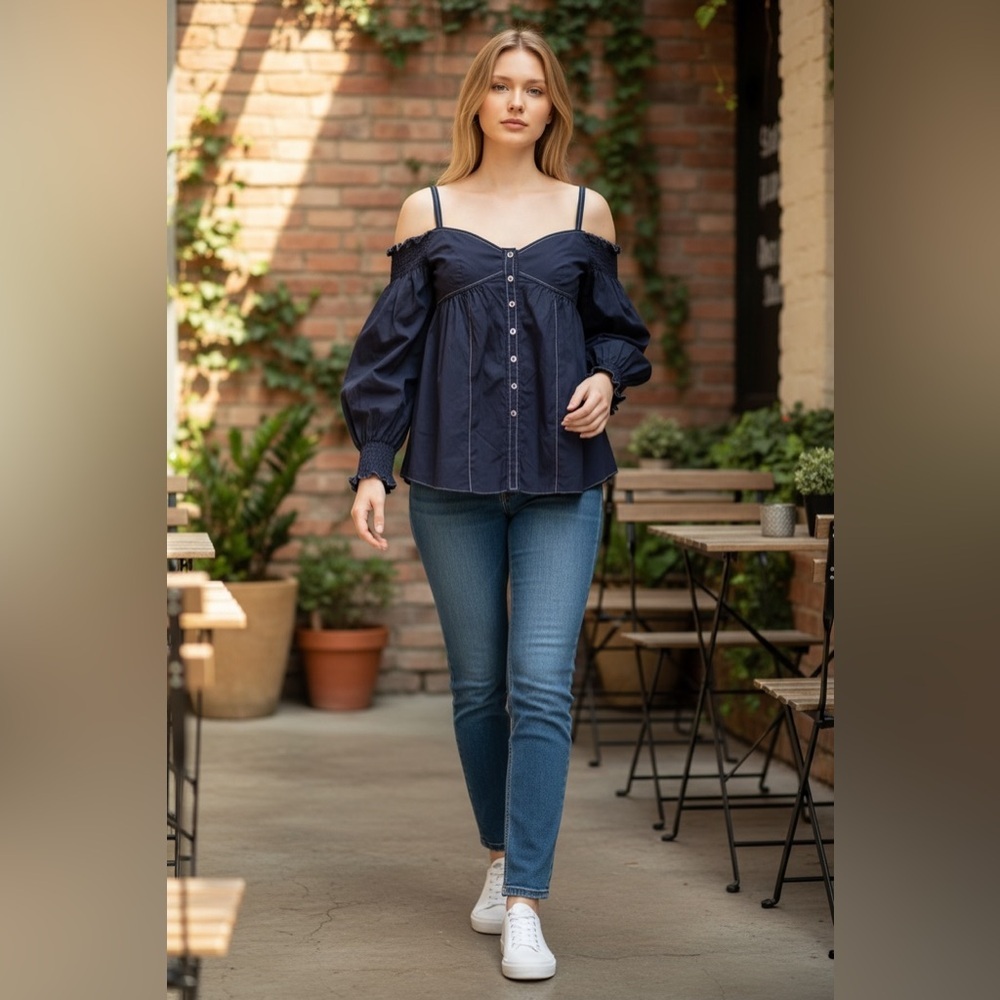 Rebecca Taylor navy Off-Shoulder Button-Down Top NWOT